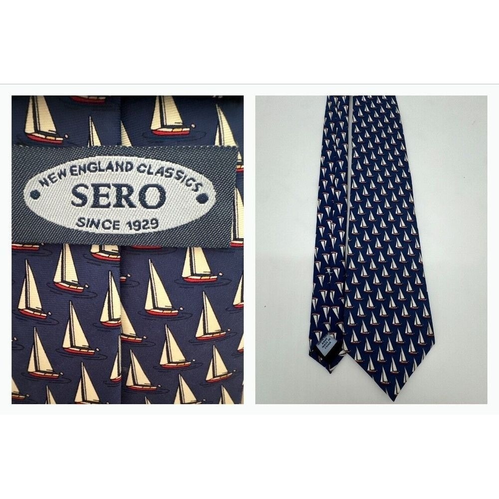 SERO Neck‎ Tie New England Preppy Sail Boat Nautical Handmade Silk Blue